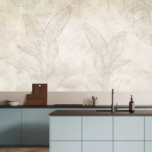 Fotobehang Delicate schetsstijl van bananen- en monsterabladeren op een betonnen achtergrond