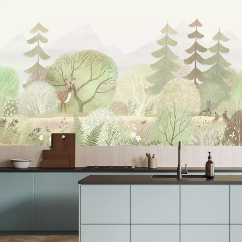 Fotobehang Aquarelillustratie van bosplanten en -dieren