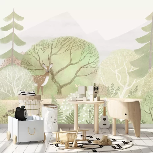 Fotobehang Aquarelillustratie van bosplanten en -dieren