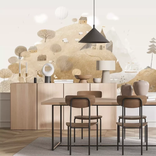 Fotobehang Sprookjeslandschap met dieren op een open plek en een huis op een heuvel, kinderpatroon