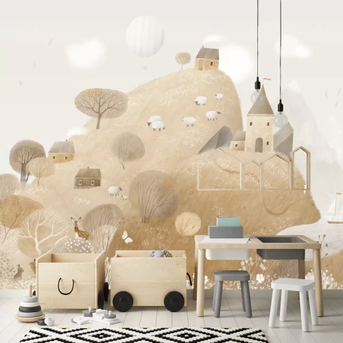 Fotobehang Sprookjeslandschap met dieren op een open plek en een huis op een heuvel, kinderpatroon