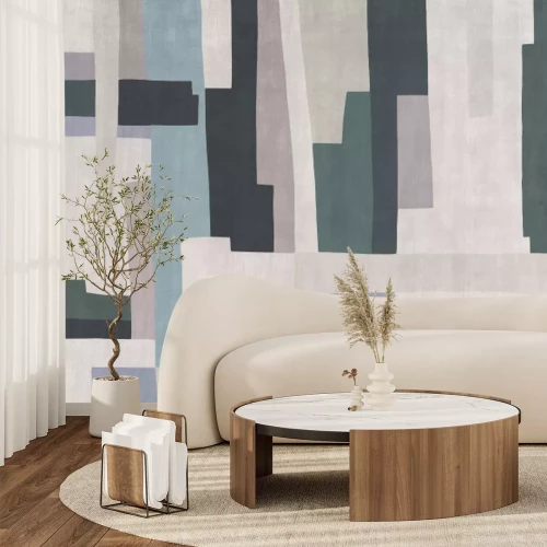 Fotobehang Abstract patroon in een moderne stijl met groene, blauwe en beige vormen.