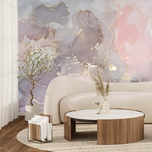 Fotobehang Roze en paars marmer met gouden elementen decoratief patroon