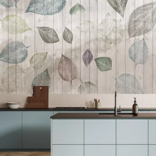 Fotobehang Bladeren op een houten achtergrond gemaakt van rustieke planken