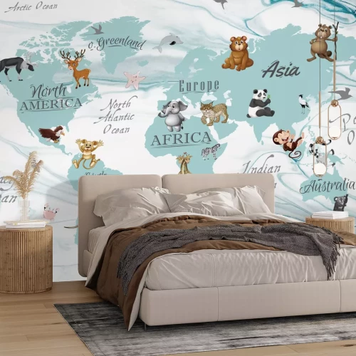 Fotobehang Schattige dieren op continenten wereldkaart voor kinderen