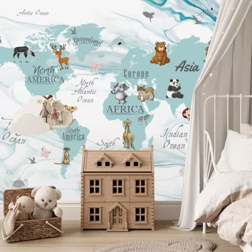 Fotobehang Schattige dieren op continenten wereldkaart voor kinderen