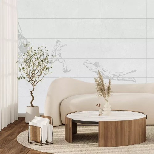 Fotobehang Voetbal in het net en voetballers op een gestructureerde achtergrond