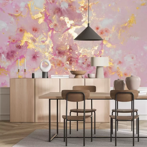 Fotobehang Roze abstracte marmertextuur met gouden versieringen