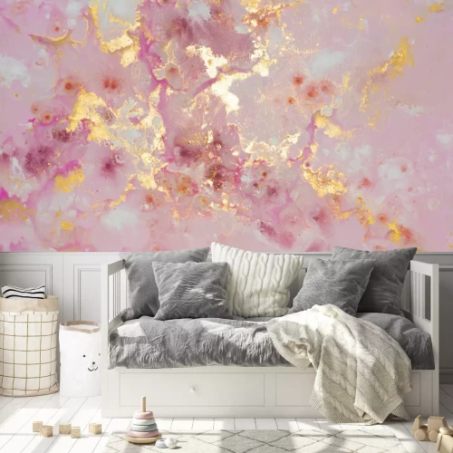Fotobehang Roze abstracte marmertextuur met gouden versieringen