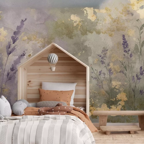 Fotobehang Lavendelveld met gouden versieringen