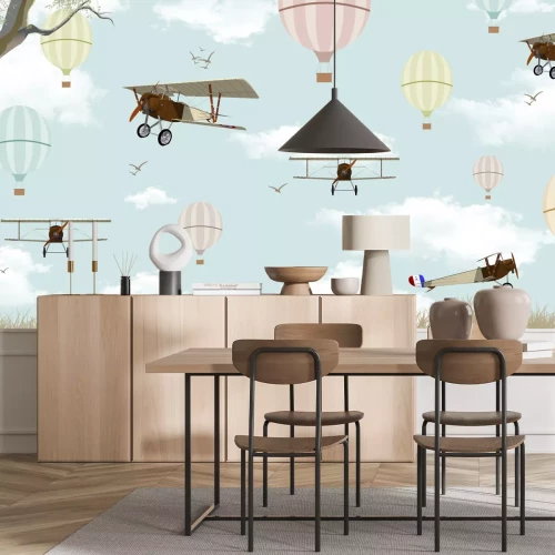 Fotobehang Vliegtuigen en ballonnen vliegen over een blauwe lucht met wolken