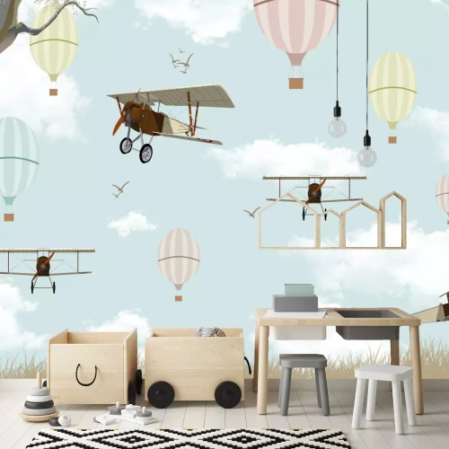 Fotobehang Vliegtuigen en ballonnen vliegen over een blauwe lucht met wolken