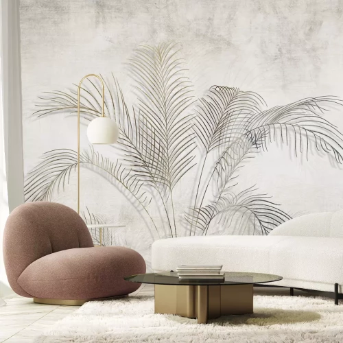 Fotobehang Delicate palmbladeren op een betonnen achtergrond