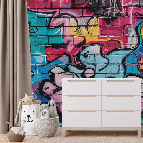 Fotobehang Kleurrijke graffiti op een bakstenen muur