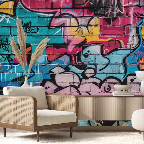Fotobehang Kleurrijke graffiti op een bakstenen muur