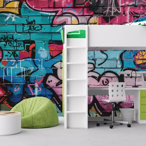 Fotobehang Kleurrijke graffiti op een bakstenen muur