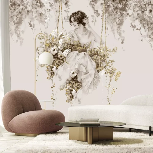 Fotobehang Vrouw op een schommel tussen bloemen