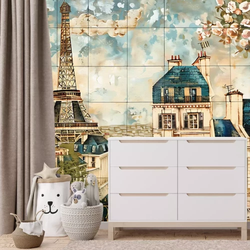 Fotobehang Modulair decoratief paneel met een Eiffeltorenmotief