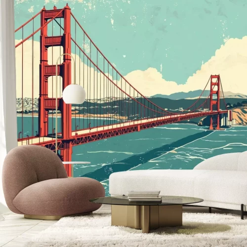 Fotobehang Illustratie van de Golden Gate Bridge over de baai van San Francisco