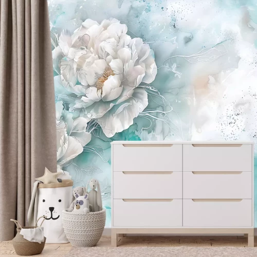 Fotobehang Witte pioenrozen op blauwe aquarel