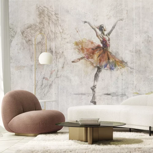 Fotobehang Dansende ballerina en vleugels op een betonnen achtergrond