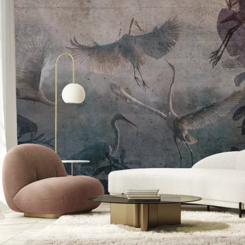 Fotobehang Vliegende kraanvogels en tropische bladeren