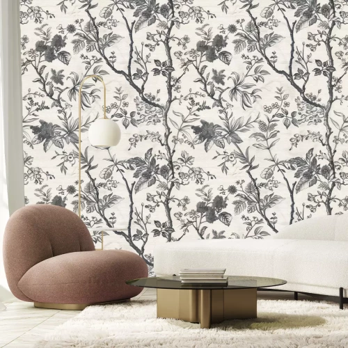 Fotobehang Monochroom patroon met takken en bladeren