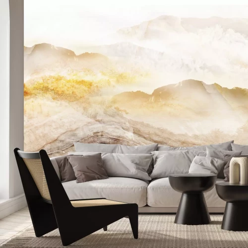 Fotobehang Beige marmeren bergen in de mist