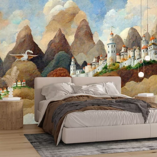 Fotobehang Aquarelstijl draak op het kasteel voor kinderen