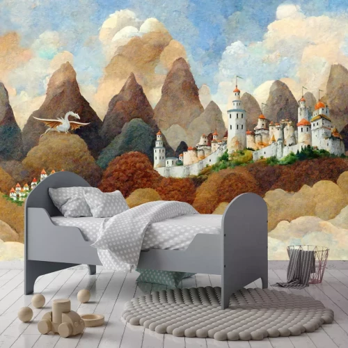 Fotobehang Aquarelstijl draak op het kasteel voor kinderen