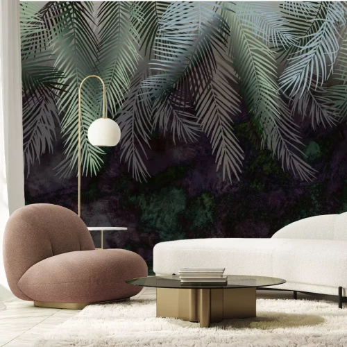 Fotobehang Tropische palmbladeren op een donkere achtergrond