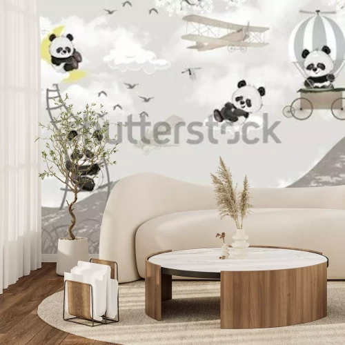 Fotobehang Panda's in de lucht met wolken en vliegtuigen op de achtergrond