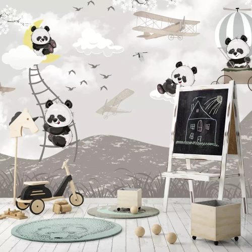Fotobehang Panda's in de lucht met wolken en vliegtuigen op de achtergrond