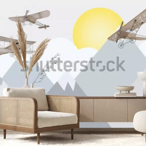 Fotobehang Sprookjesachtige dubbeldekkers vliegen over de bergen