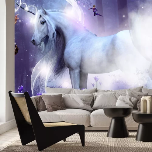 Fotobehang Sprookjesachtige illustratie met een eenhoorn en feeën