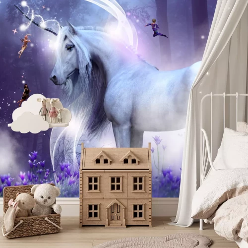 Fotobehang Sprookjesachtige illustratie met een eenhoorn en feeën