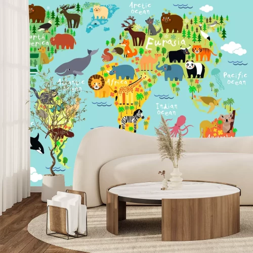 Fotobehang Tekenfilmdieren op de continenten