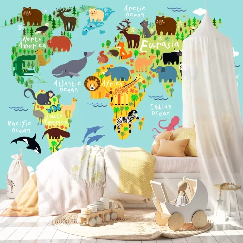 Fotobehang Tekenfilmdieren op de continenten
