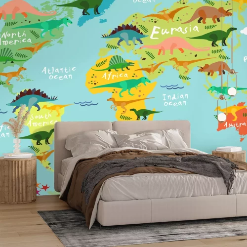 Fotobehang Wereldkaart voor kinderen met dinosaurussen