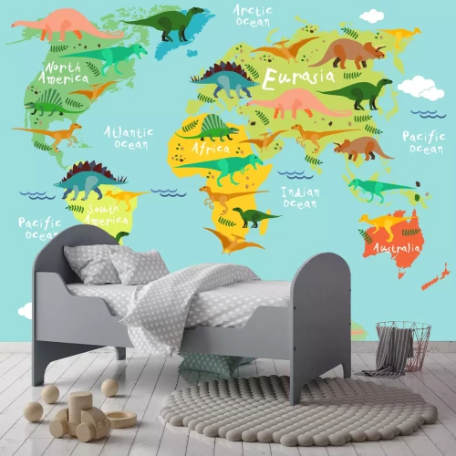 Fotobehang Wereldkaart voor kinderen met dinosaurussen