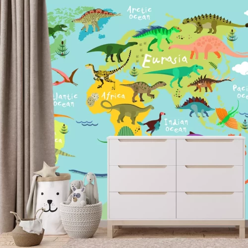 Fotobehang Dinosaurussen op de wereldkaart
