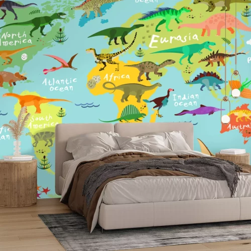 Fotobehang Dinosaurussen op de wereldkaart