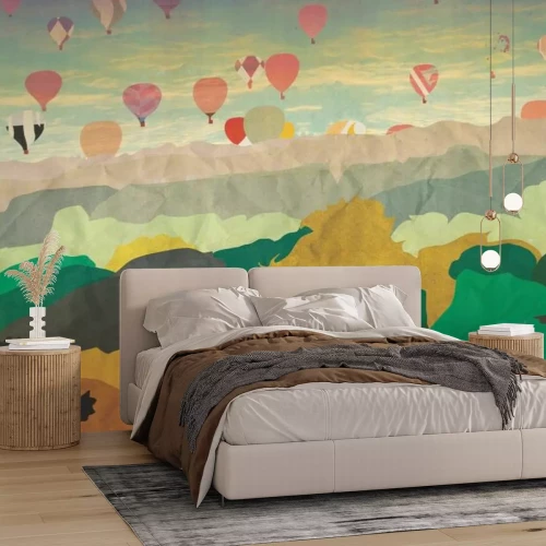 Fotobehang Geïllustreerd landschap met ballonnen in de lucht