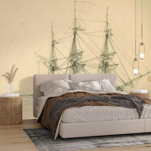 Fotobehang Geschetst schip met zeilen op textuur