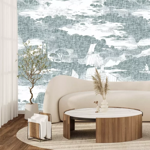 Fotobehang Een sprookjesachtig schip dat zweeft tussen de zachte wolken