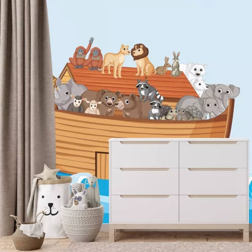 Fotobehang Een boot met dieren op de golven van de zee