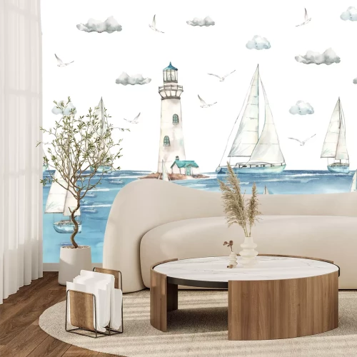 Fotobehang Zeilschepen varen op zee met een vuurtoren op de achtergrond