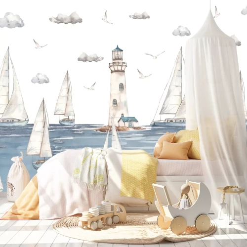 Fotobehang Zeilschepen varen op zee met een vuurtoren op de achtergrond