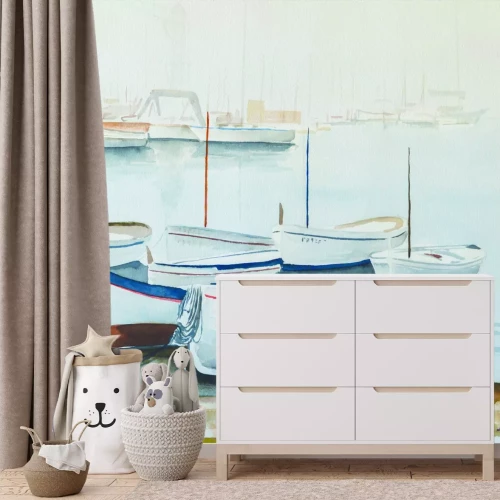 Fotobehang Geschilderd patroon met boten aan de kust