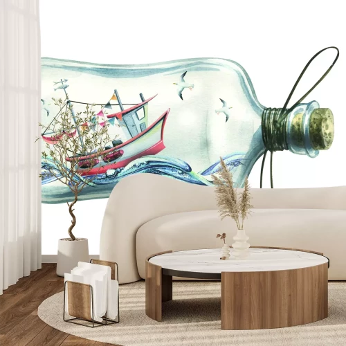Fotobehang Een miniatuur zeilschip in een glazen fles